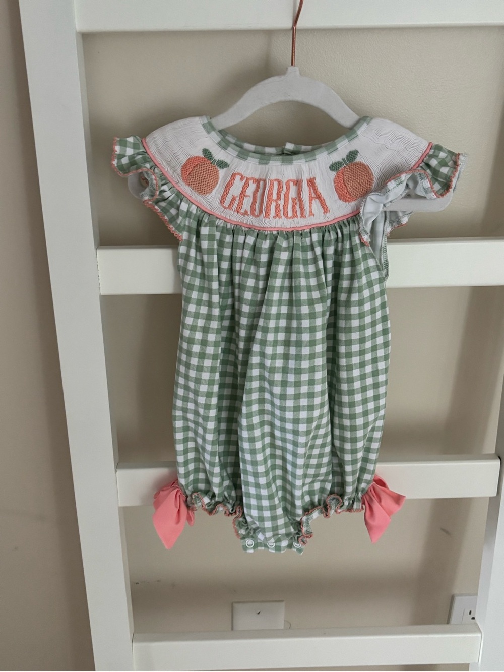 Personalized Georgia Peach Smocked Gingham Romper - Green & Coral
